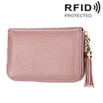 محفظة حامل بطاقات بسحاب من جلد بقرة أصلي بلون صلب مع حجب RFID، حقيبة حماية بطاقات، محفظة عملات مع شرابة وتعليق، 15 فتحة بطاقات للنساء، المقاس: 11.1*7.6*3.5 سم