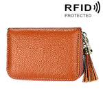محفظة حامل بطاقات بسحاب من جلد بقرة أصلي بلون صلب مع حجب RFID، حقيبة حماية بطاقات، محفظة عملات مع شرابة وتعليق، 15 فتحة بطاقات للنساء، المقاس: 11.1*7.6*3.5 سم