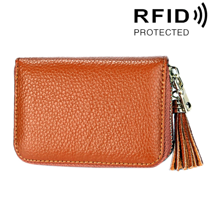 محفظة حامل بطاقات بسحاب من جلد بقرة أصلي بلون صلب مع حجب RFID، حقيبة حماية بطاقات، محفظة عملات مع شرابة وتعليق، 15 فتحة بطاقات للنساء، المقاس: 11.1*7.6*3.5 سم