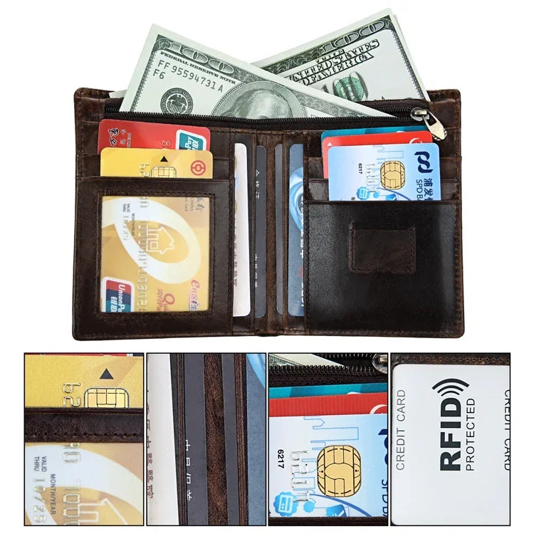 محفظة جلدية رجالية مضادة للمغناطيسية مع حجب RFID من الجلد المشمع مع حامل بطاقات قابل للفصل، 8232