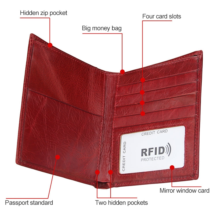 محفظة جلدية متعددة الوظائف مضادة للمغناطيسية بنقشة الحصان المجنون مع حجب RFID، حقيبة جواز سفر 8235
