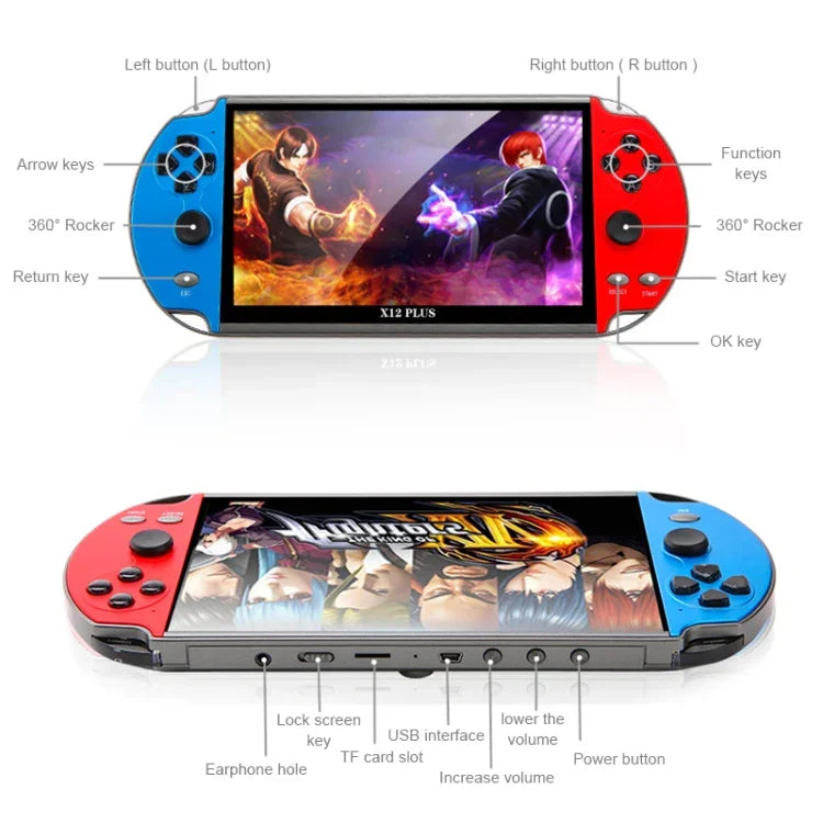 جهاز ألعاب محمول كلاسيكي رجعي Powkiddy X12 Plus بشاشة HD بحجم 7 إنش وذاكرة 16 جيجابايت، يدعم MP4 / الكتب الإلكترونية، X12 Plus