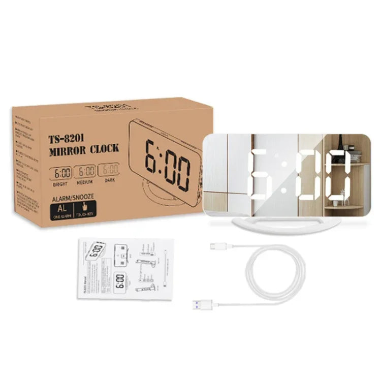 ساعة مكتب مرآة مكياج LED متعددة الوظائف TS-8201-W منبه إلكتروني حساس للضوء تلقائي