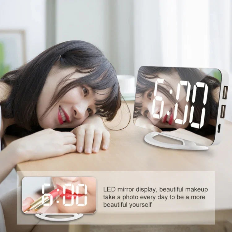 ساعة مكتب مرآة مكياج LED متعددة الوظائف TS-8201-W منبه إلكتروني حساس للضوء تلقائي
