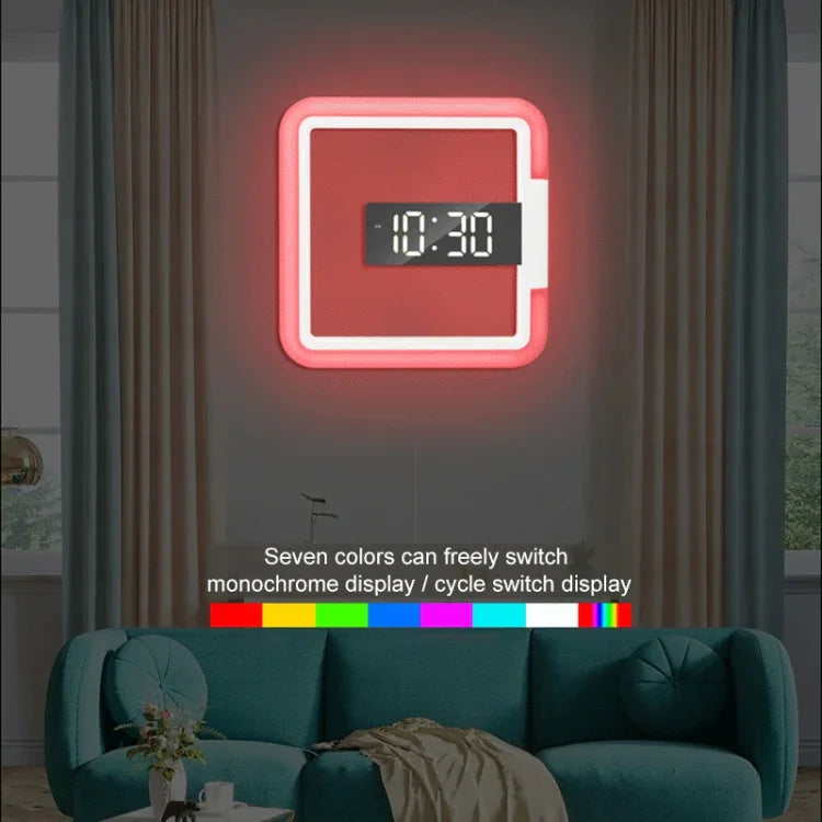 ساعة منبه رقمية متعددة الوظائف TS-S28-W مقياس حرارة RGB مربع LED مرآة ساعة حائط مجوفة، مقياس حرارة RGB ساعة