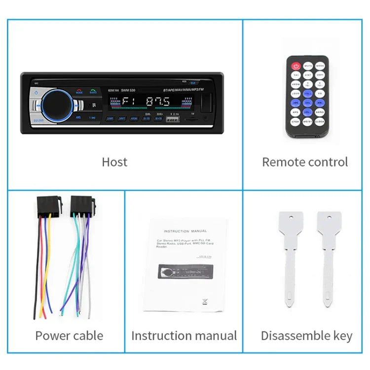 شاحن سيارة عالمي SWM-530 بجهد 12 فولت مع منفذي USB، راديو، مشغل MP3، يدعم FM وبلوتوث مع جهاز تحكم عن بعد، SWM-530