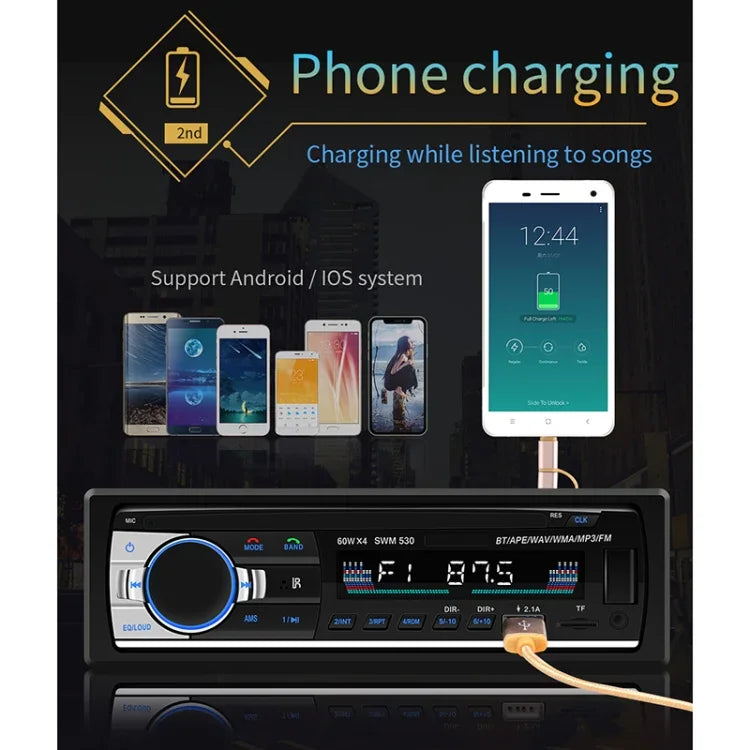 شاحن سيارة عالمي SWM-530 بجهد 12 فولت مع منفذي USB، راديو، مشغل MP3، يدعم FM وبلوتوث مع جهاز تحكم عن بعد، SWM-530