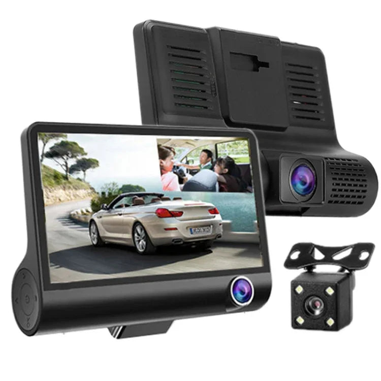 كاميرا سيارة DVR بشاشة IPS بحجم 4.0 بوصة، 5.0 ميجا بكسل، زاوية واسعة 170 درجة، دقة كاملة HD 1080P، 3 قنوات فيديو، تدعم إضاءة للرؤية الليلية / رؤية خلفية / بطاقة TF (بحد أقصى 32 جيجابايت) / مستشعر G / كشف الحركة، 170 درجة