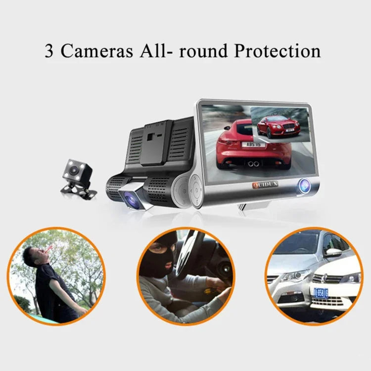 كاميرا سيارة DVR بشاشة IPS بحجم 4.0 بوصة، 5.0 ميجا بكسل، زاوية واسعة 170 درجة، دقة كاملة HD 1080P، 3 قنوات فيديو، تدعم إضاءة للرؤية الليلية / رؤية خلفية / بطاقة TF (بحد أقصى 32 جيجابايت) / مستشعر G / كشف الحركة، 170 درجة