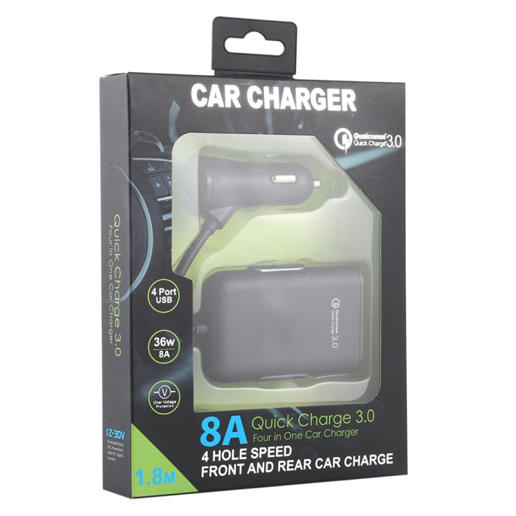 HMQ-C801 1.8m 8A Max 4 Ports USB Car Charger with Extending USB HUB for Front & Back Seat Charging, HMQ-C801