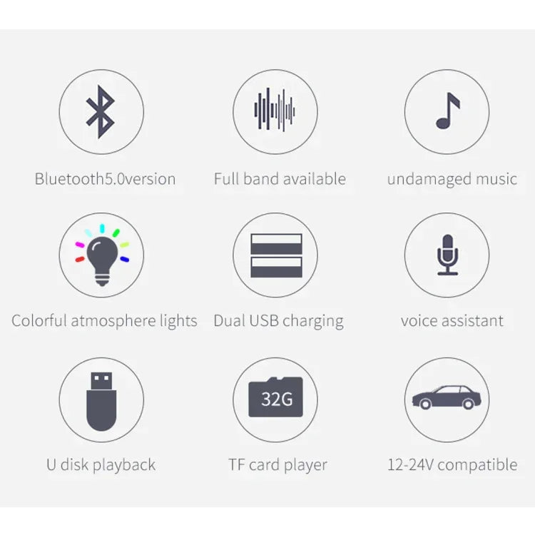 BC42 مصباح أجواء ملون متعدد الوظائف للسيارة مع بلوتوث 5.0 ومشغل MP3، يدعم بطاقة TF وU ديسك وراديو FM، BC42