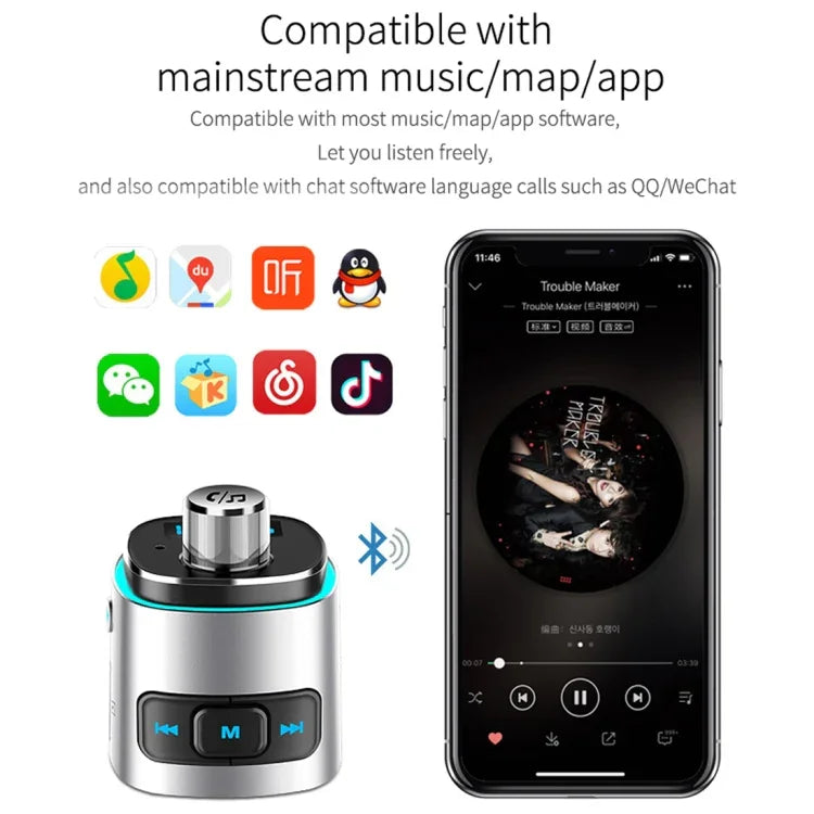 BC42 مصباح أجواء ملون متعدد الوظائف للسيارة مع بلوتوث 5.0 ومشغل MP3، يدعم بطاقة TF وU ديسك وراديو FM، BC42