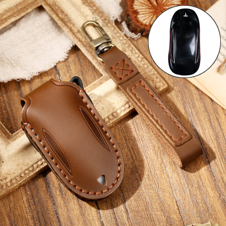 Hallmo Car Cowhide Leather Key Protective Cover Key Case for Tesla Model 3 / S A Style, For Tesla Model 3 / S A Style