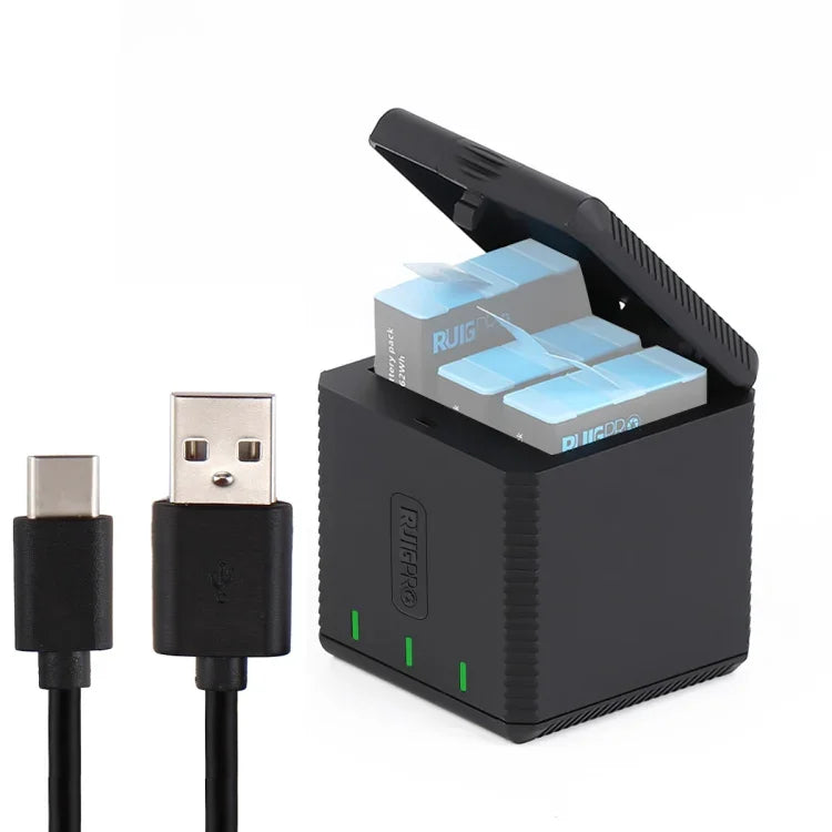 RUIGPRO صندوق شاحن بطاريات USB ثلاثي مع كابل وضوء مؤشر لجوبرو HERO9 بلاك / HERO10 بلاك