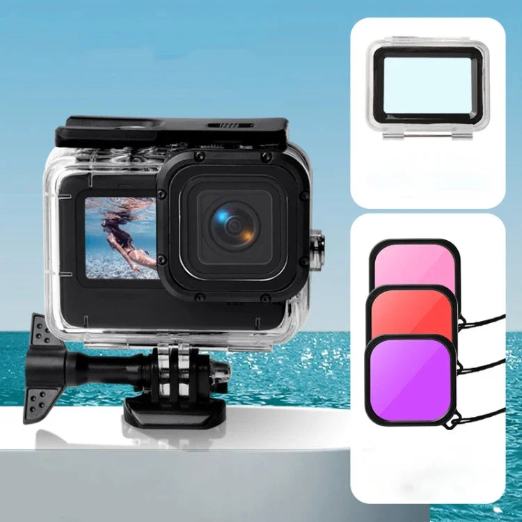 غطاء مقاوم للماء + غطاء خلفي يعمل باللمس + فلتر عدسة بنفسجي أحمر وردي لكاميرا GoPro HERO10 Black / HERO9 Black، غطاء + غطاء يعمل باللمس + فلتر 3 ألوان لـ GoPro9