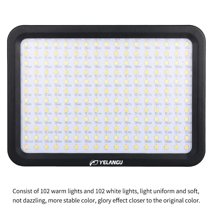 YELANGU YLG0504B ضوء استوديو قابل للتعتيم بدون استقطاب 204 مصباح LED 1000 لومن 3300-5600 كلفن ضوء فيديو وتصوير لكاميرات كانون، نيكون، DSLR، 204 مصباح LED