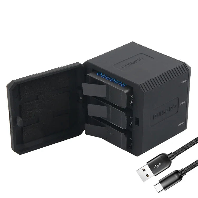 صندوق شحن بطاريات USB ثلاثي RUIGPRO مع كابل USB وضوء مؤشر LED لكاميرا GoPro HERO6 /5