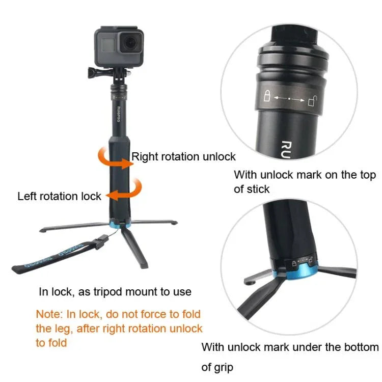 حامل ترايبود محمول قابل للطي وعصا سيلفي أحادية لكاميرات GoPro، Insta360، DJI وغيرها، الطول: 23.5-81 سم، RUIGPRO