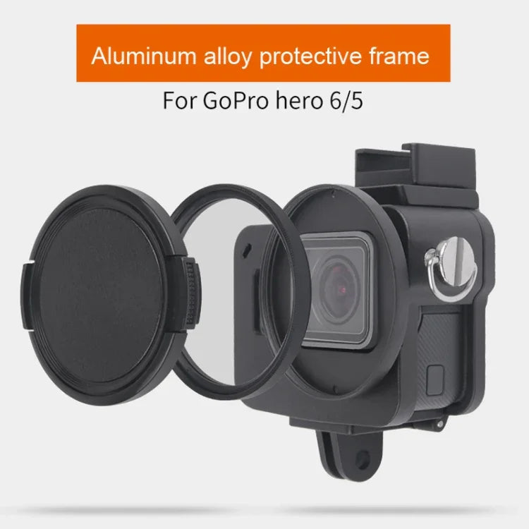 هيكل حماية من سبائك الألمنيوم CNC مع إطار تأمين وعدسة UV بحجم 52 مم لكاميرا GoPro HERO7 Black /6 /5، عدسة UV سوداء 52 مم