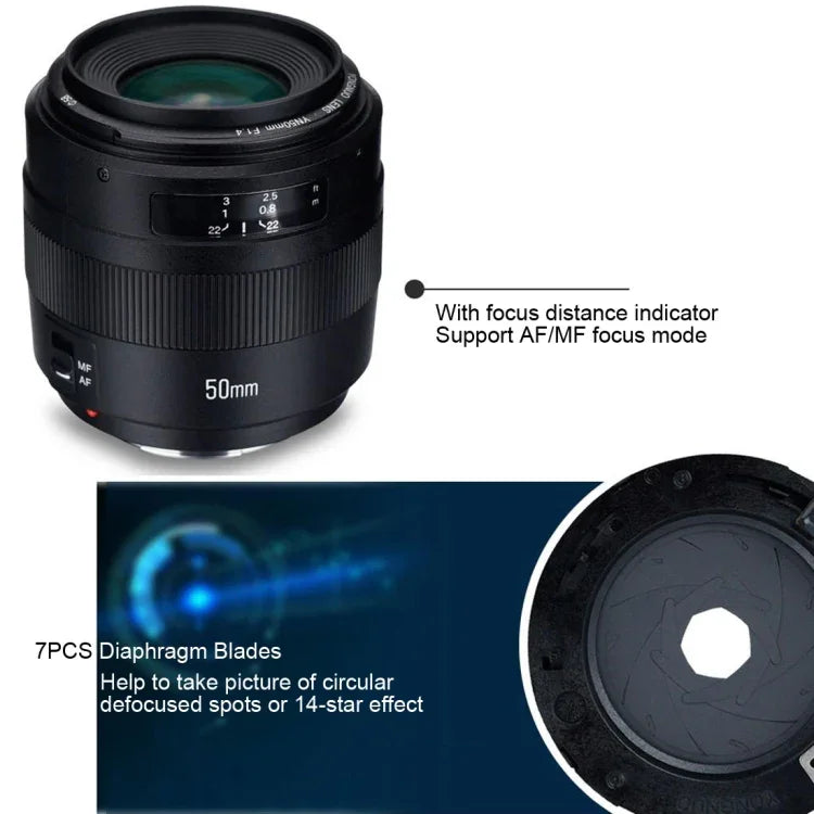 عدسة يانغنو YN50MM F1.4C F1.4 بفتحة كبيرة مع تركيز تلقائي لكاميرات كانون، YN50mm F1.4C