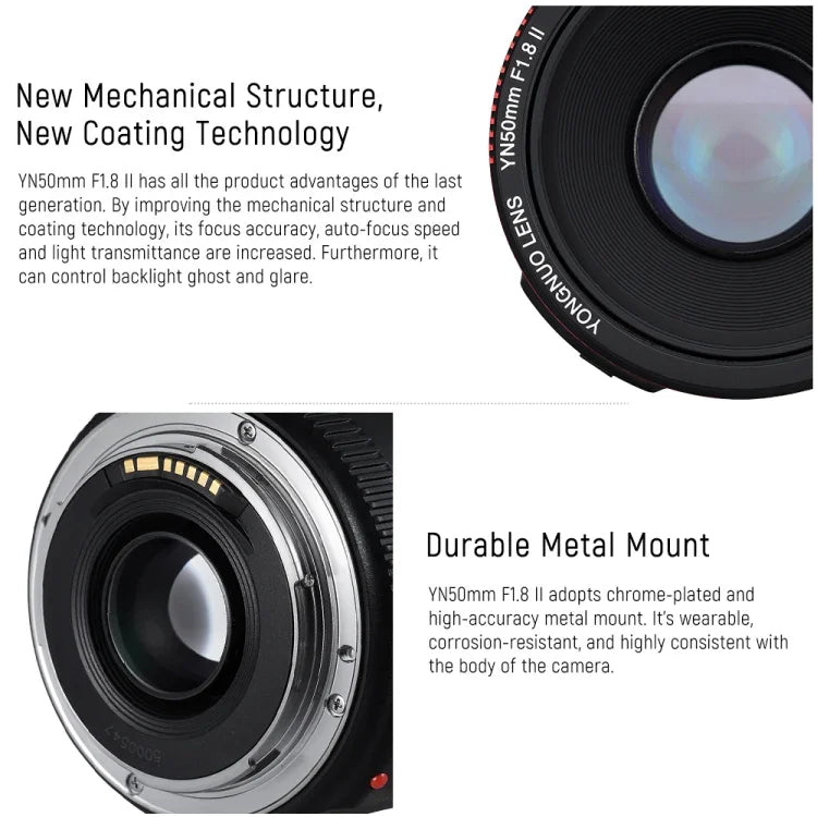 عدسة يانغنو YN50MM F1.8C II F1.8 مع تركيز تلقائي لتركيب كانون EF عدسة جديدة، YN50mm F1.8C II