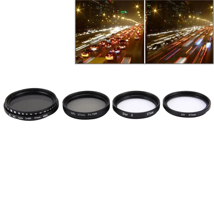 مجموعة فلاتر عدسة احترافية 4 في 1 بحجم 37 مم (CPL + UV + ND2-400 + نجمة 8) لكاميرات GoPro و Xiaomi Xiaoyi Yi الرياضية، مجموعة فلاتر عدسة 4 في 1 بحجم 37 مم