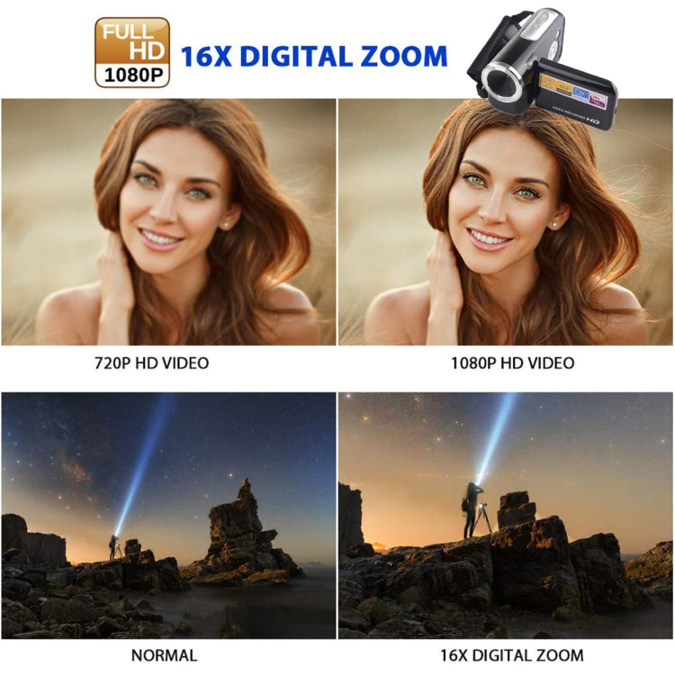 كاميرا فيديو رقمية بدقة 1280x720P HD مع تكبير رقمي 16X، 16.0 ميجابكسل، شاشة LCD بحجم 2.0 بوصة