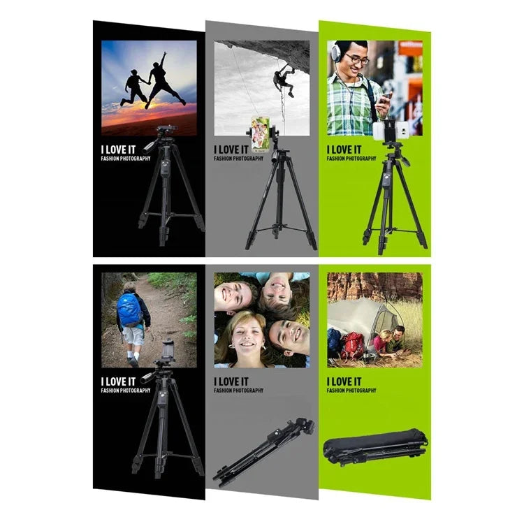 حامل ثلاثي الأرجل من سبائك الألمنيوم والمغنيسيوم YUNTENG VCT-5208RM مع تحكم عن بعد بلوتوث ورأس حامل ومشبك هاتف لكاميرات SLR والهواتف الذكية، الارتفاع: 125 سم، VCT-5208