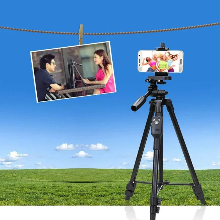 حامل ثلاثي الأرجل من سبائك الألمنيوم والمغنيسيوم YUNTENG VCT-5208RM مع تحكم عن بعد بلوتوث ورأس حامل ومشبك هاتف لكاميرات SLR والهواتف الذكية، الارتفاع: 125 سم، VCT-5208