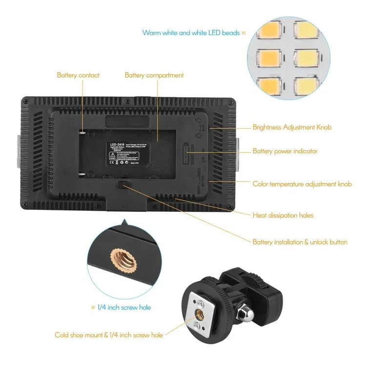 LED01 416 مصباح LED 3600 لومن ضوء احترافي للتدوين المرئي والتصوير الفوتوغرافي لكاميرات كانون / نيكون DSLR، 416 LED