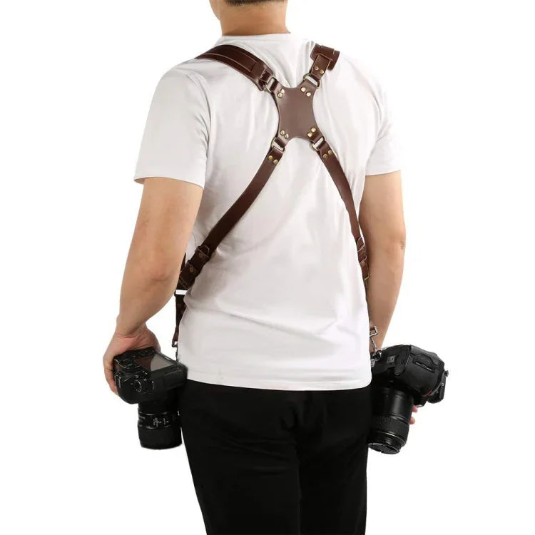 حزام كاميرا جلدي مزدوج الكتف مقاوم للانزلاق مع خطاف معدني لكاميرات SLR / DSLR، مزدوج الكتف (بني)، مزدوج الكتف (أسود)