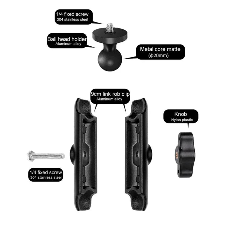 حامل تثبيت مقبض دراجة نارية برأس كروي 20 مم بطول 9 سم مع محول حامل ثلاثي البراغي لكاميرات GoPro وInsta360 وDJI وغيرها، حامل قضيب توصيل بطول 9.5 سم