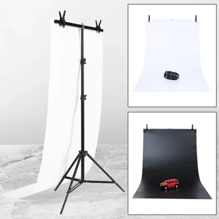 حامل خلفية استوديو تصوير بشكل T بحجم 70x200 سم مع خلفيات PVC سوداء / بيضاء بحجم 70x140 سم، 70x200 سم مع خلفيات