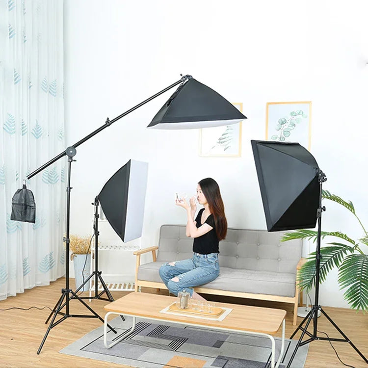 صندوق إضاءة ناعم بحجم 50x70 سم + حامل ثلاثي لإضاءة التصوير بطول 2 متر + ذراع دعامة عرض، مجموعة إضاءة فلاش استوديو