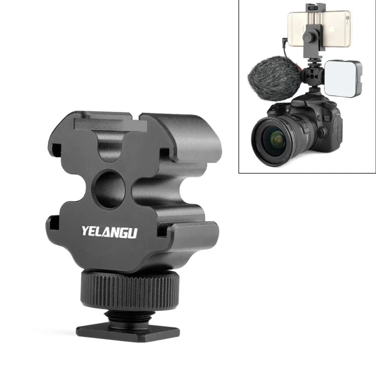 YELANGU YLG0601A A68 محول حامل حذاء بارد بثلاث رؤوس لمايكروفون وفلاش معدني، YELANGU A68 حامل حذاء بارد بثلاث رؤوس