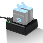 شاحن بطاريتين USB مع كابل وضوء مؤشر لـ GoPro HERO9 Black / HERO10 Black / HERO11 Black / HERO12 Black، لـ GoPro HERO9 Black