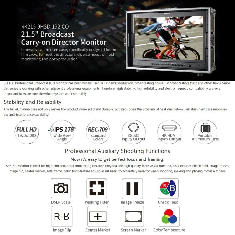 شاشة مراقبة ميدانية SEETEC 4K215-9HSD-CO بدقة 1920x1080 بحجم 21.5 بوصة SDI / HDMI Full HD لصندوق المخرج، 4K215-9HSD-CO