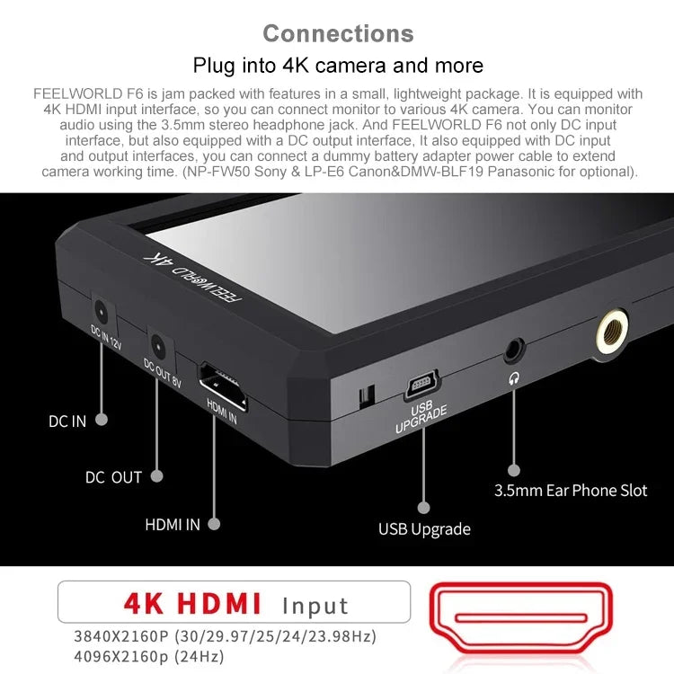 شاشة مراقبة ميدانية للكاميرا FEELWORLD F6 بقياس 5.5 بوصة بدقة 1920x1080 IPS مع مدخل HDMI 4K، F6