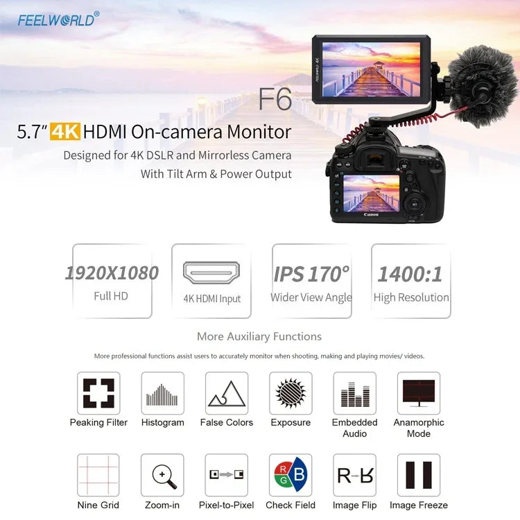 شاشة مراقبة ميدانية للكاميرا FEELWORLD F6 بقياس 5.5 بوصة بدقة 1920x1080 IPS مع مدخل HDMI 4K، F6
