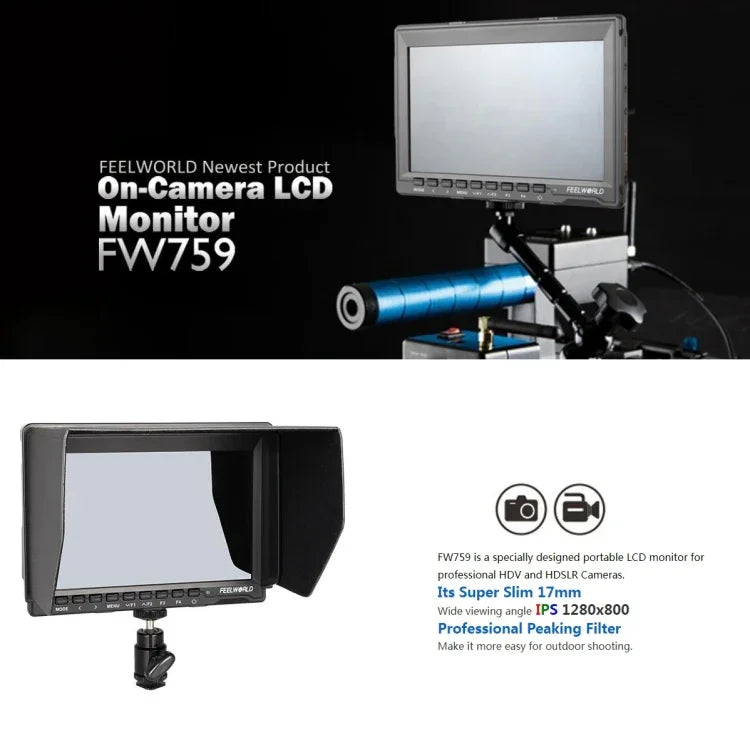 شاشة مراقبة ميدانية FEELWORLD FW759 بدقة 1280x800 بحجم 7 بوصة IPS فائقة النحافة HD، FW759