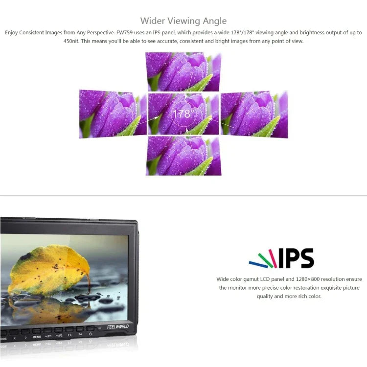 شاشة مراقبة ميدانية FEELWORLD FW759 بدقة 1280x800 بحجم 7 بوصة IPS فائقة النحافة HD، FW759