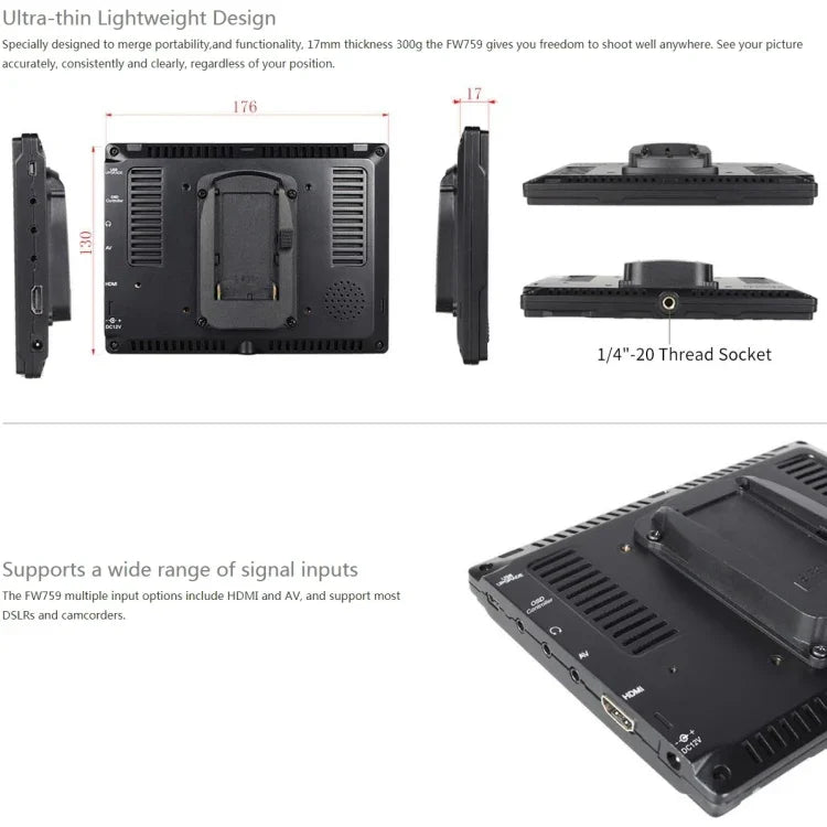 شاشة مراقبة ميدانية FEELWORLD FW759 بدقة 1280x800 بحجم 7 بوصة IPS فائقة النحافة HD، FW759