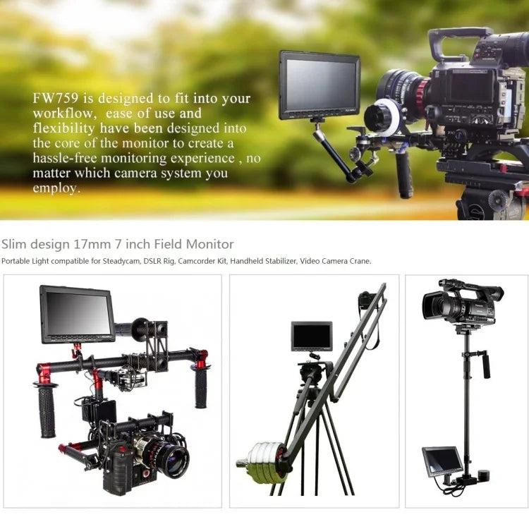 شاشة مراقبة ميدانية FEELWORLD FW759 بدقة 1280x800 بحجم 7 بوصة IPS فائقة النحافة HD، FW759