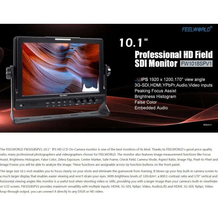 شاشة مراقبة ميدانية ملونة عالية الدقة 10.1 بوصة IPS بدقة 1920x1200 من FEELWORLD طراز FW1018SPV1، FW1018SPV1