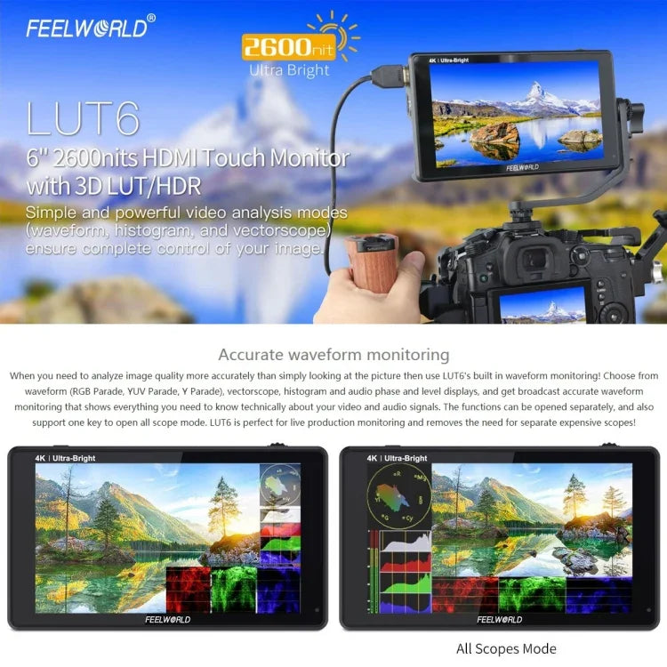 شاشة مراقبة ميدانية للكاميرا FEELWORLD LUT6 بدقة 1920x1080، 2600 نتس، 6 بوصة IPS، HDMI، تحكم باللمس، LUT6