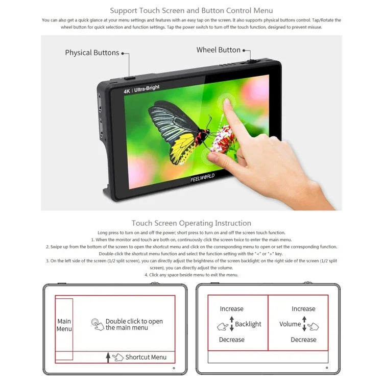شاشة مراقبة ميدانية للكاميرا FEELWORLD LUT6 بدقة 1920x1080، 2600 نتس، 6 بوصة IPS، HDMI، تحكم باللمس، LUT6