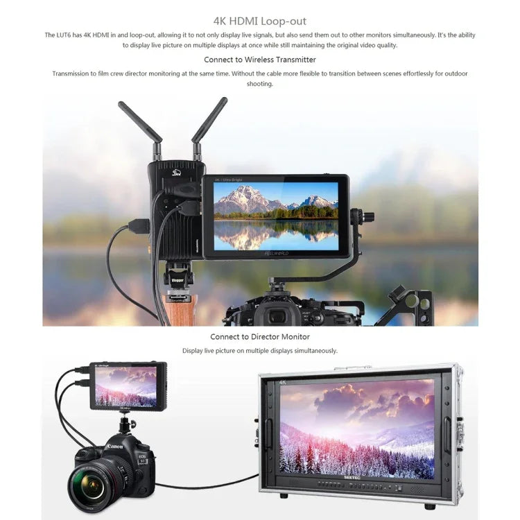 شاشة مراقبة ميدانية للكاميرا FEELWORLD LUT6 بدقة 1920x1080، 2600 نتس، 6 بوصة IPS، HDMI، تحكم باللمس، LUT6