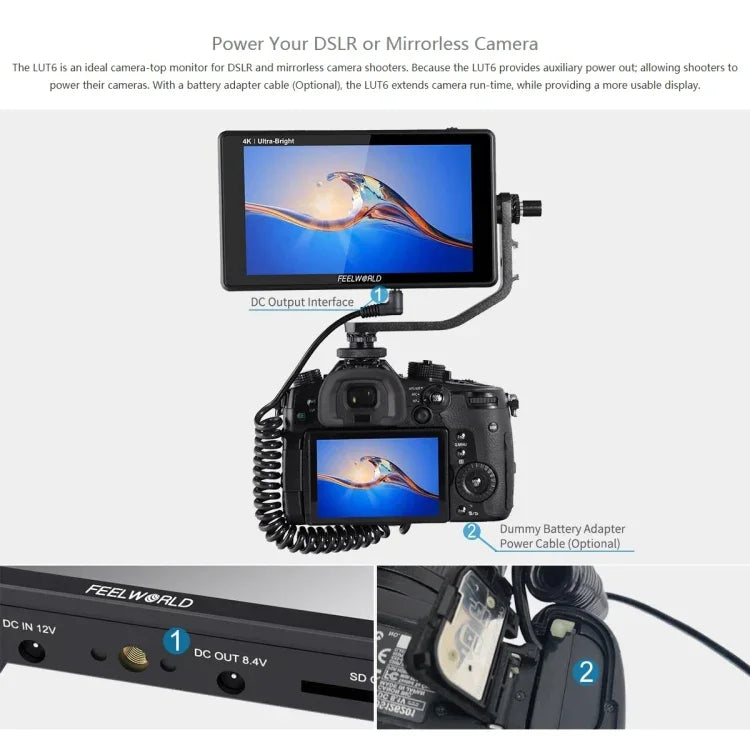 شاشة مراقبة ميدانية للكاميرا FEELWORLD LUT6 بدقة 1920x1080، 2600 نتس، 6 بوصة IPS، HDMI، تحكم باللمس، LUT6