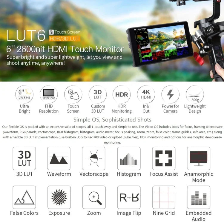 شاشة مراقبة ميدانية للكاميرا FEELWORLD LUT6 بدقة 1920x1080، 2600 نتس، 6 بوصة IPS، HDMI، تحكم باللمس، LUT6