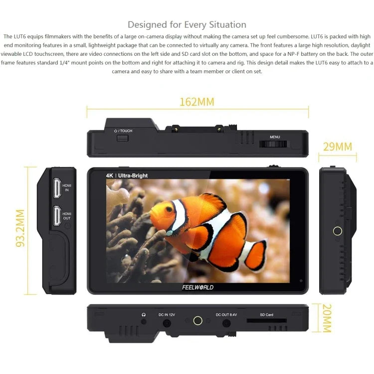 شاشة مراقبة ميدانية للكاميرا FEELWORLD LUT6 بدقة 1920x1080، 2600 نتس، 6 بوصة IPS، HDMI، تحكم باللمس، LUT6